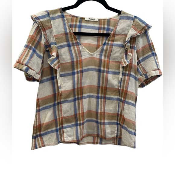 Madewell Tops - Madewell Women's V-Neck Shoulder-Ruffle Top in Plaid size S EUC